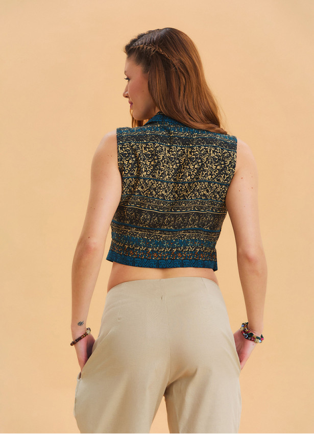Shirt Collar Button Detailed Petrol Ethnic Blouse 4630